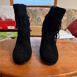 Aerosoles Black Suede Wedge Fringe Boots